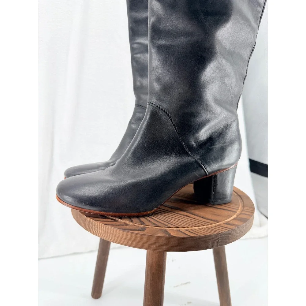 Leifnotes Anthropologie Black Leather Over The Knee Block Heel EU 39 US 8.5